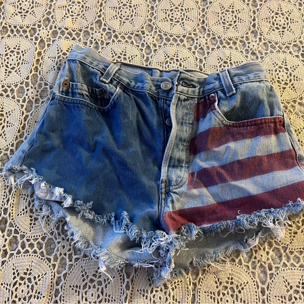 Denim American Flag Fringe Shorts